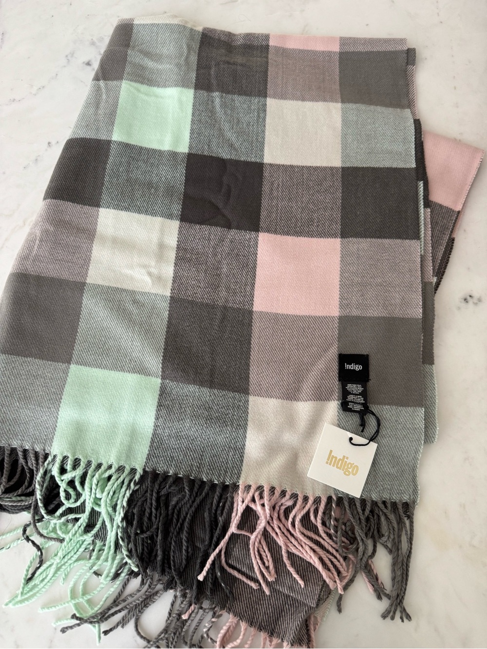 Indigo Super Soft Plaid Fringe Scarf NWT Mint Pink Gray